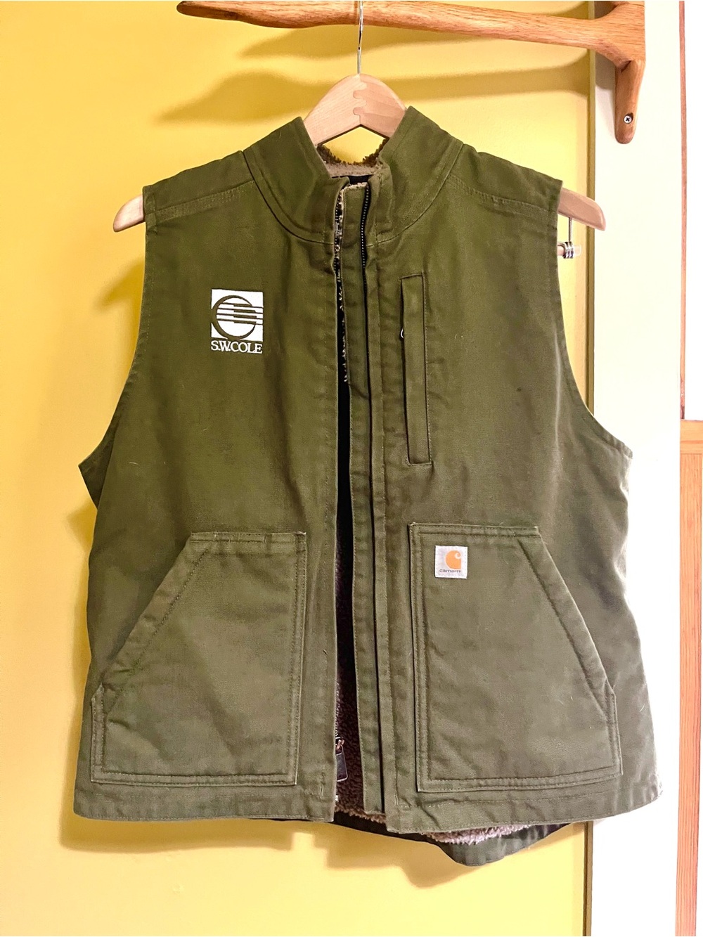Women’s Carhartt Olive Canvas Shearling Lined Work Vest with Logo